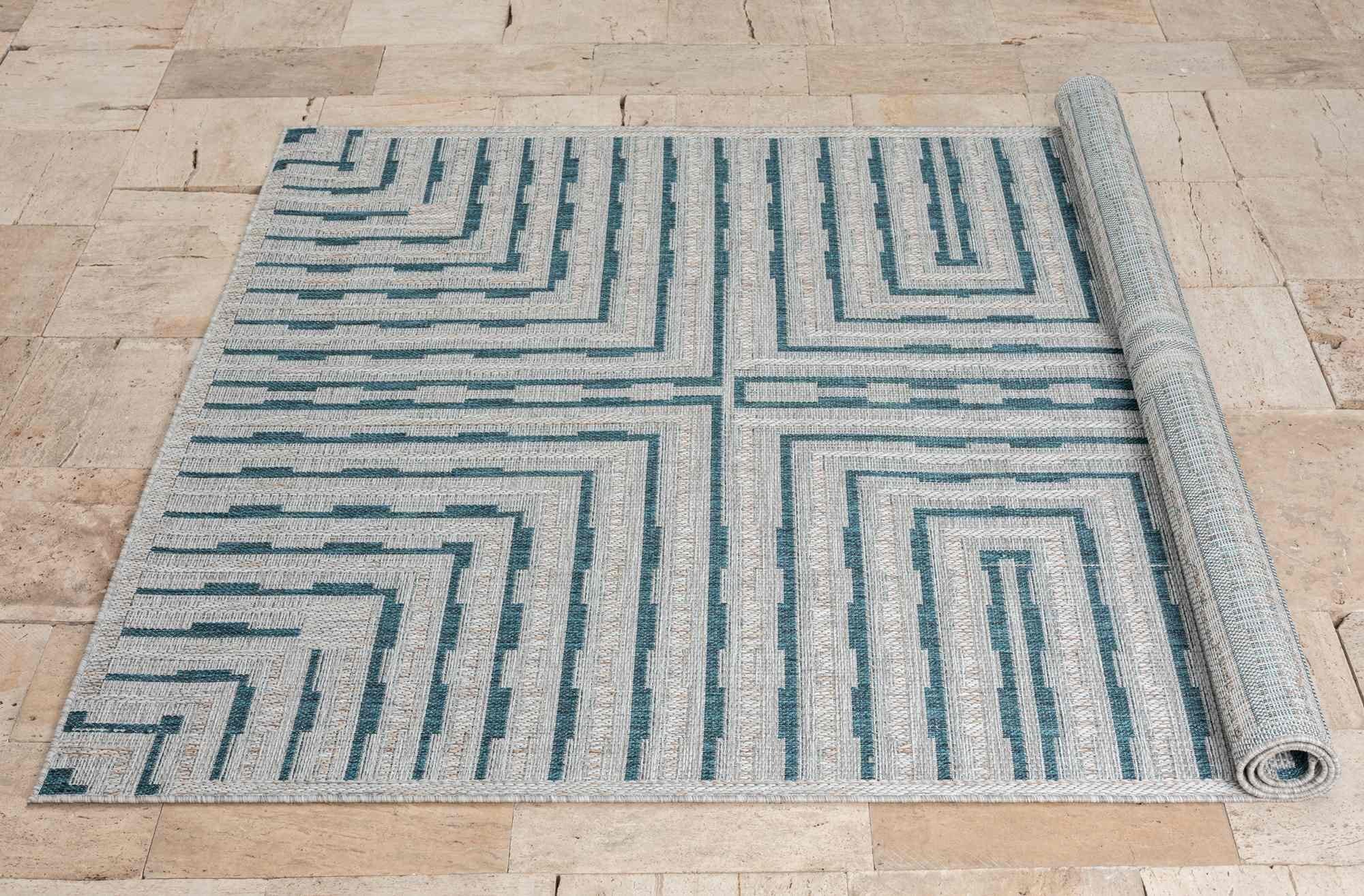 Outdoor Rug for Patio or Porch – Waterproof, Stain-Proof – Geometric Stripes in Blue, Beige, Gray