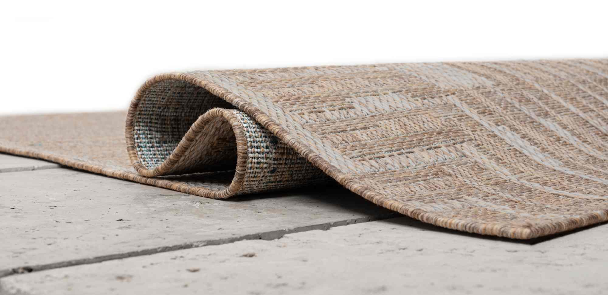 Outdoor Rug for Patio or Porch – Waterproof, Stain-Proof – Geometric Stripes in Blue, Beige, Gray