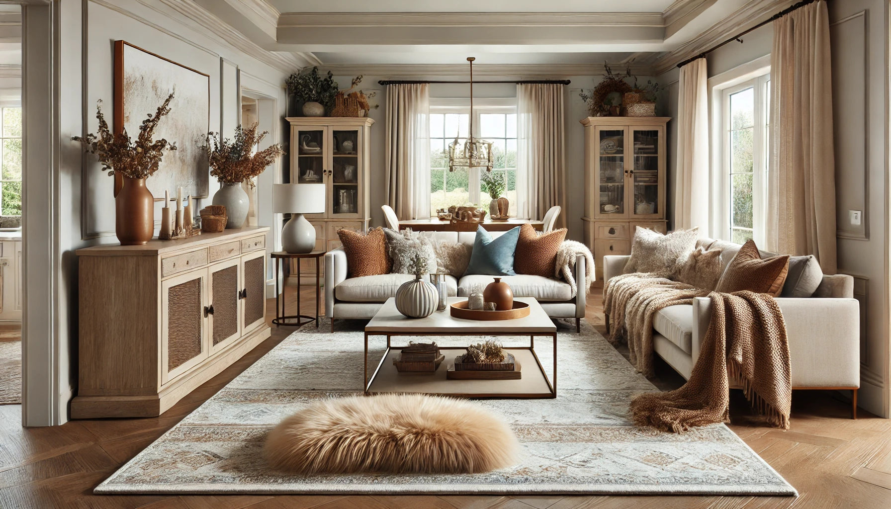 How to Style a Beige Area Rug in a Transitional Living Room