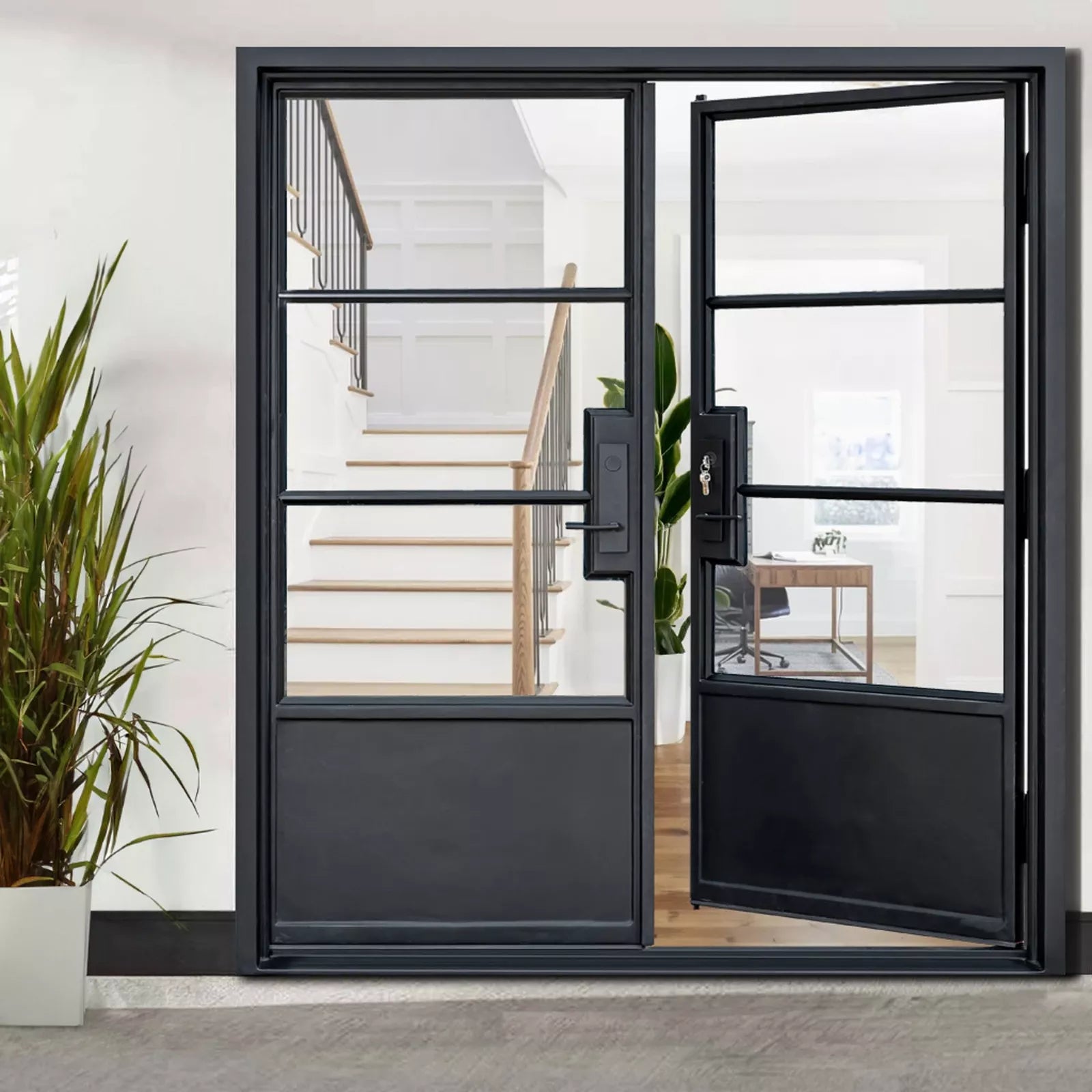 HR 72x81 Matte Black French Iron Double Door | 3-Lite Right Inswing Steel Entryway | Complete with Handle and Lock | Modern Front View