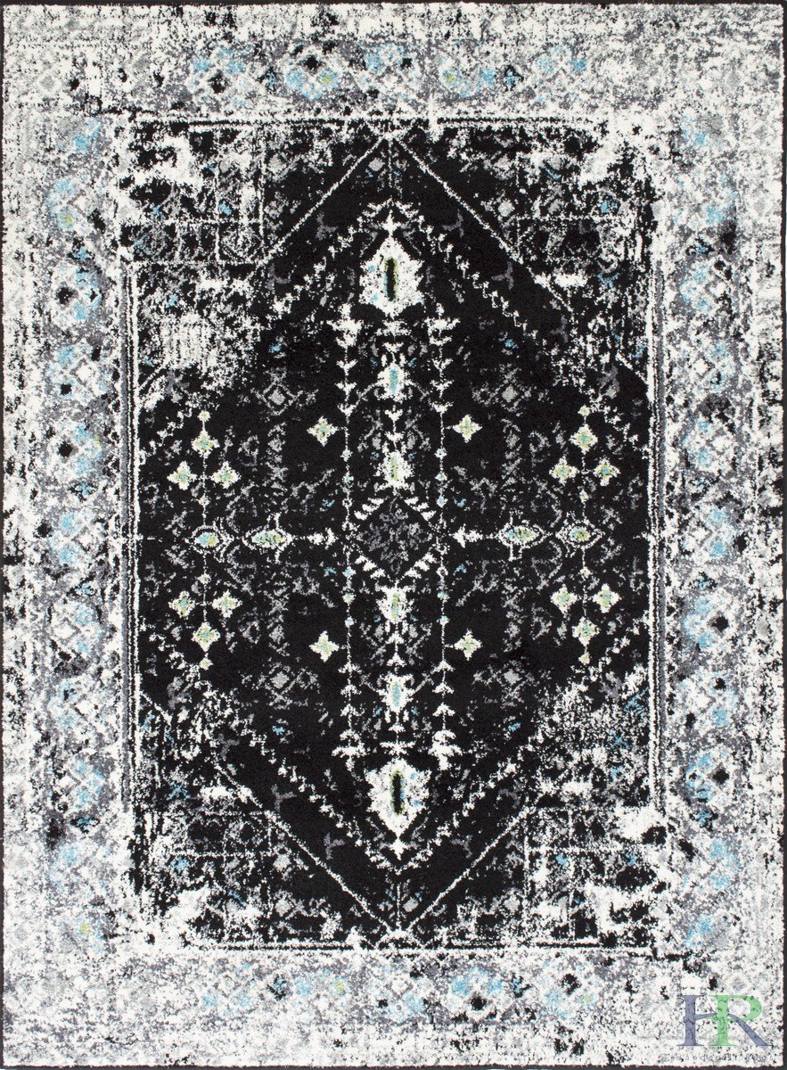 Turquoise/Black/White/Charcoal -Faded, Oriental Distressed Area Rug Vintage Persian Area Rug Abstract, Floral Kashan