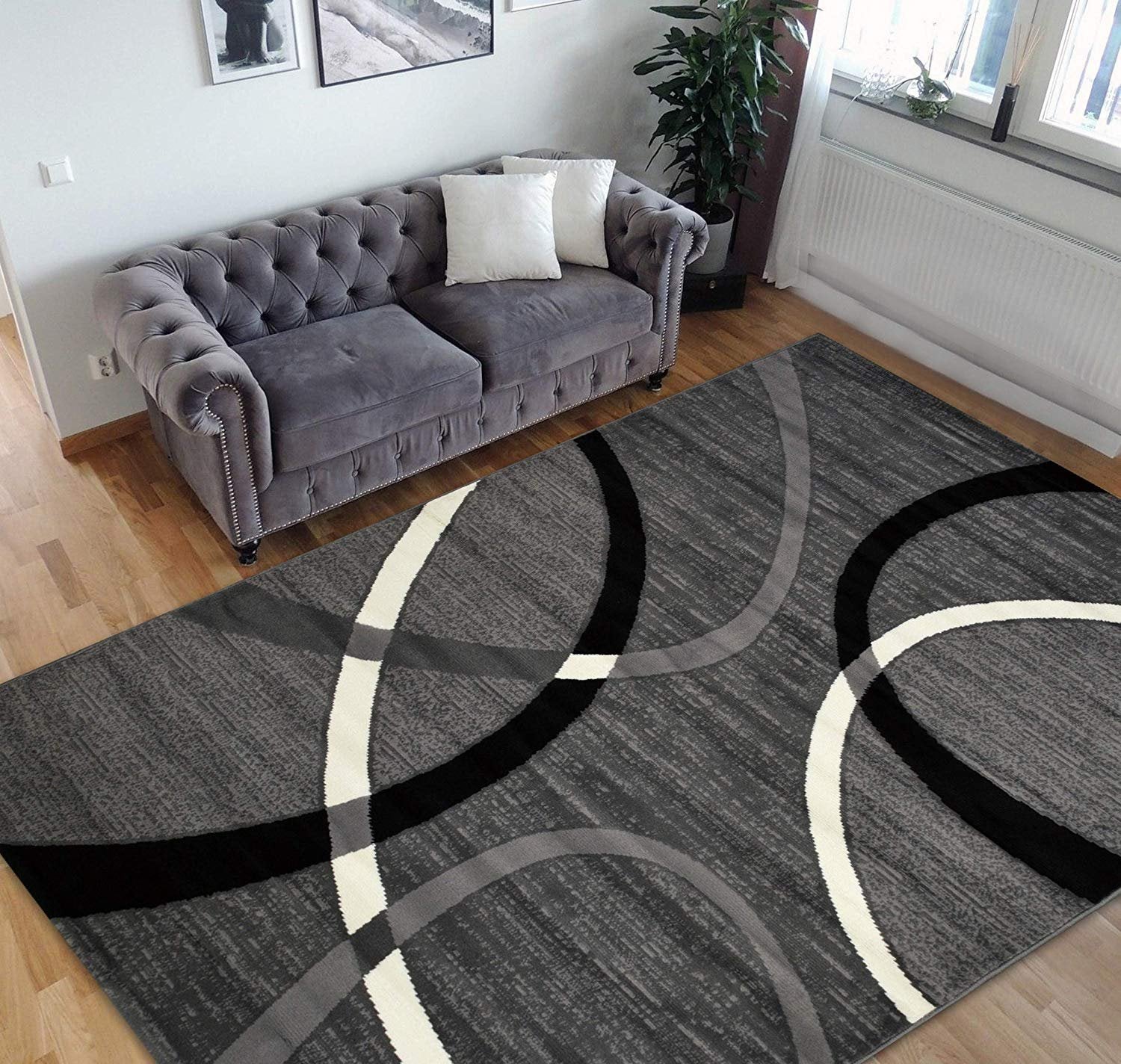 Geometric Stripes Area Rug Oval Pattern Modern Black & Grey