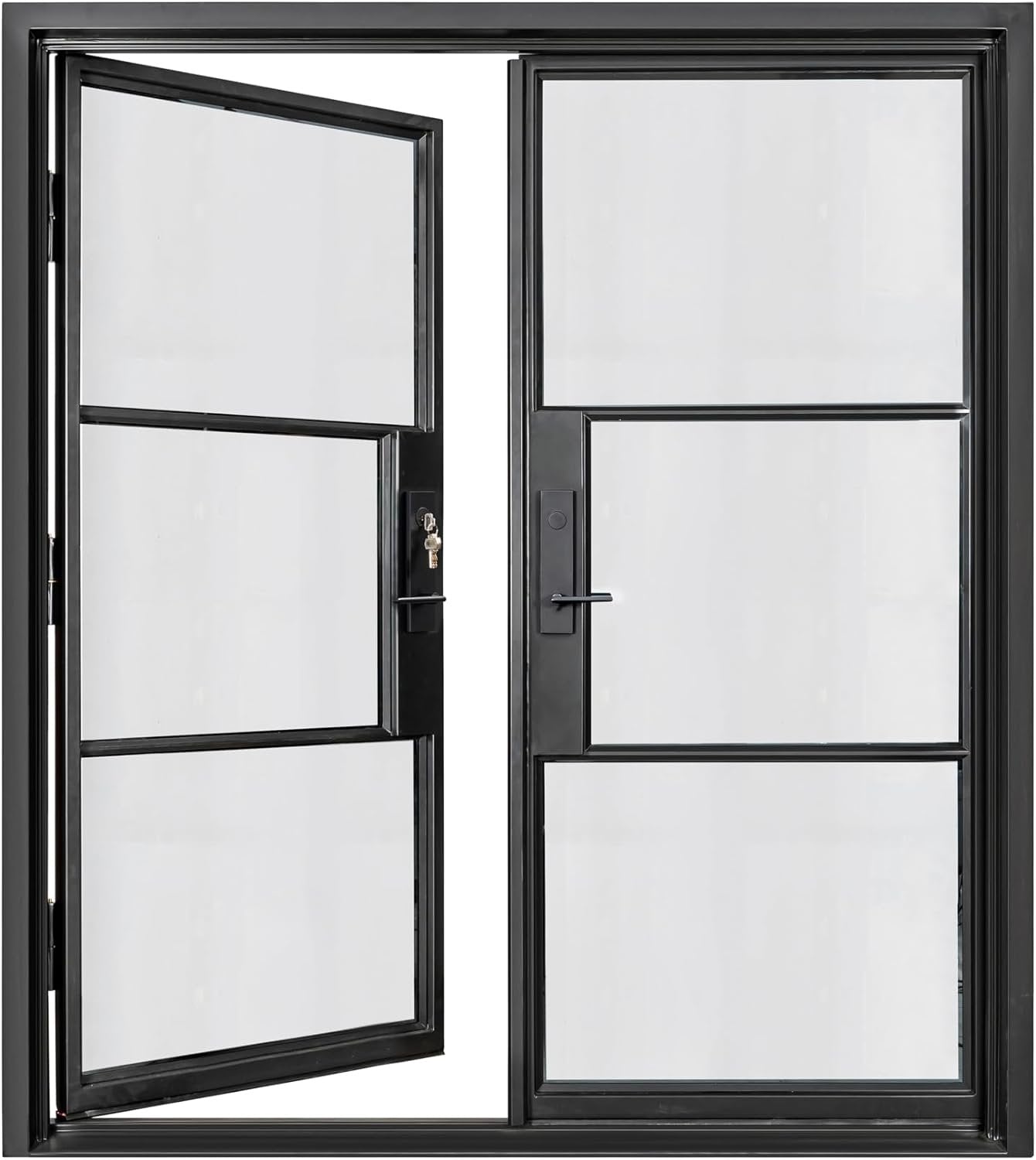 HR Left Hand Inswing Entryway 72x81 Matte Black French Iron Double Door Made of Steel | 3-Lite with kickplate | Complete with Handle and Lock | Modern Front View Design.