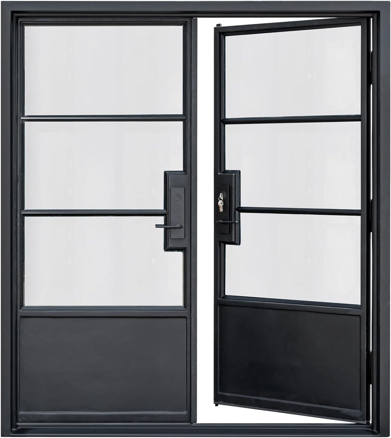 HR 72x81 Matte Black French Iron Double Door | 3-Lite Right Inswing Steel Entryway | Complete with Handle and Lock | Modern Front View