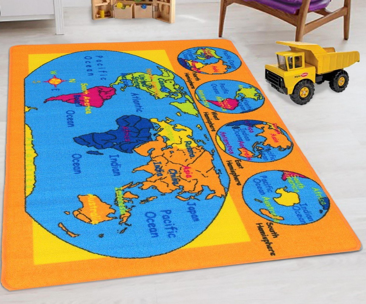 World Map Kids Educational Non-Slip Gel Back Rug