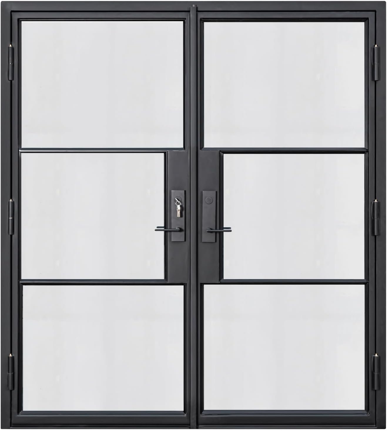 HR Left Hand Outswing Entryway 72x81 Matte Black French Iron Double Door Made of Steel | 3-Lite with kickplate | Complete with Handle and Lock | Modern Front View Design