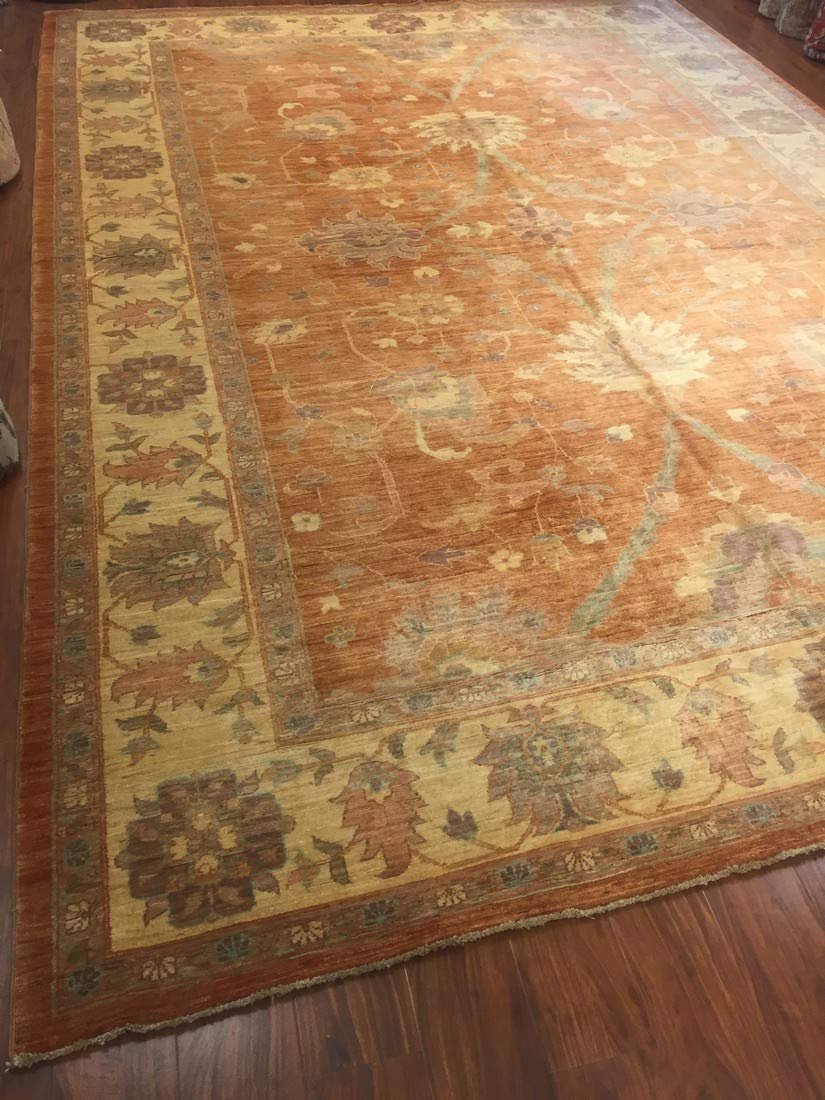 Authentic Handmade fine Pakistan Rug-Real Wool Ziegler Pattern Faded/Vintage-Rust/Gold/Multi-(9.10 by 13.7 Feet)