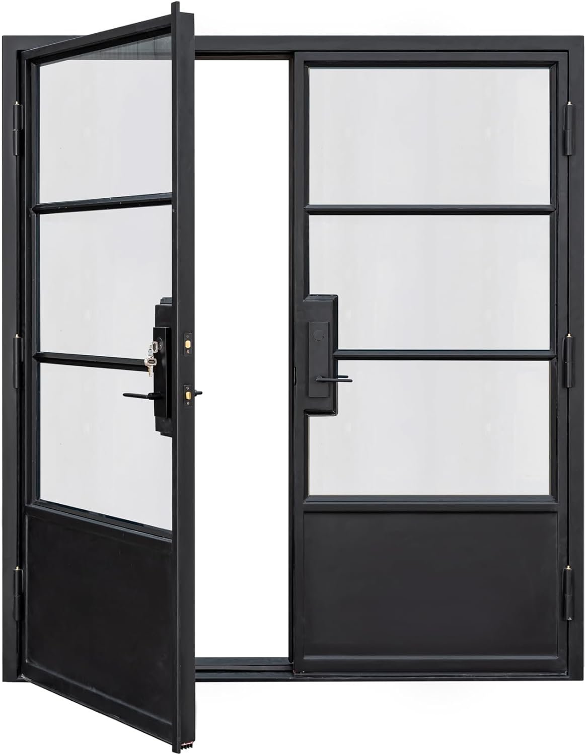 HR 72x81 Matte Black French Iron Double Door Made of Steel | 3-Lite with kickplate Left outswing Entryway | Complete with Handle and Lock | Modern Front View Design.