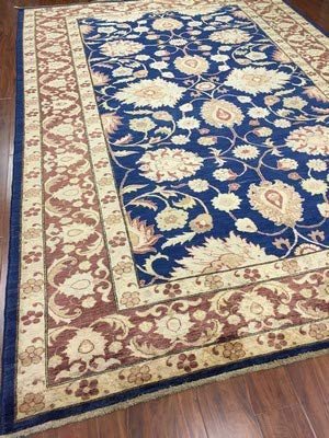 Authentic Handmade fine Pakistan Rug-Real Wool Ziegler Pattern Stone Washed-Navy/Beige-(8.3 by 12 Feet)