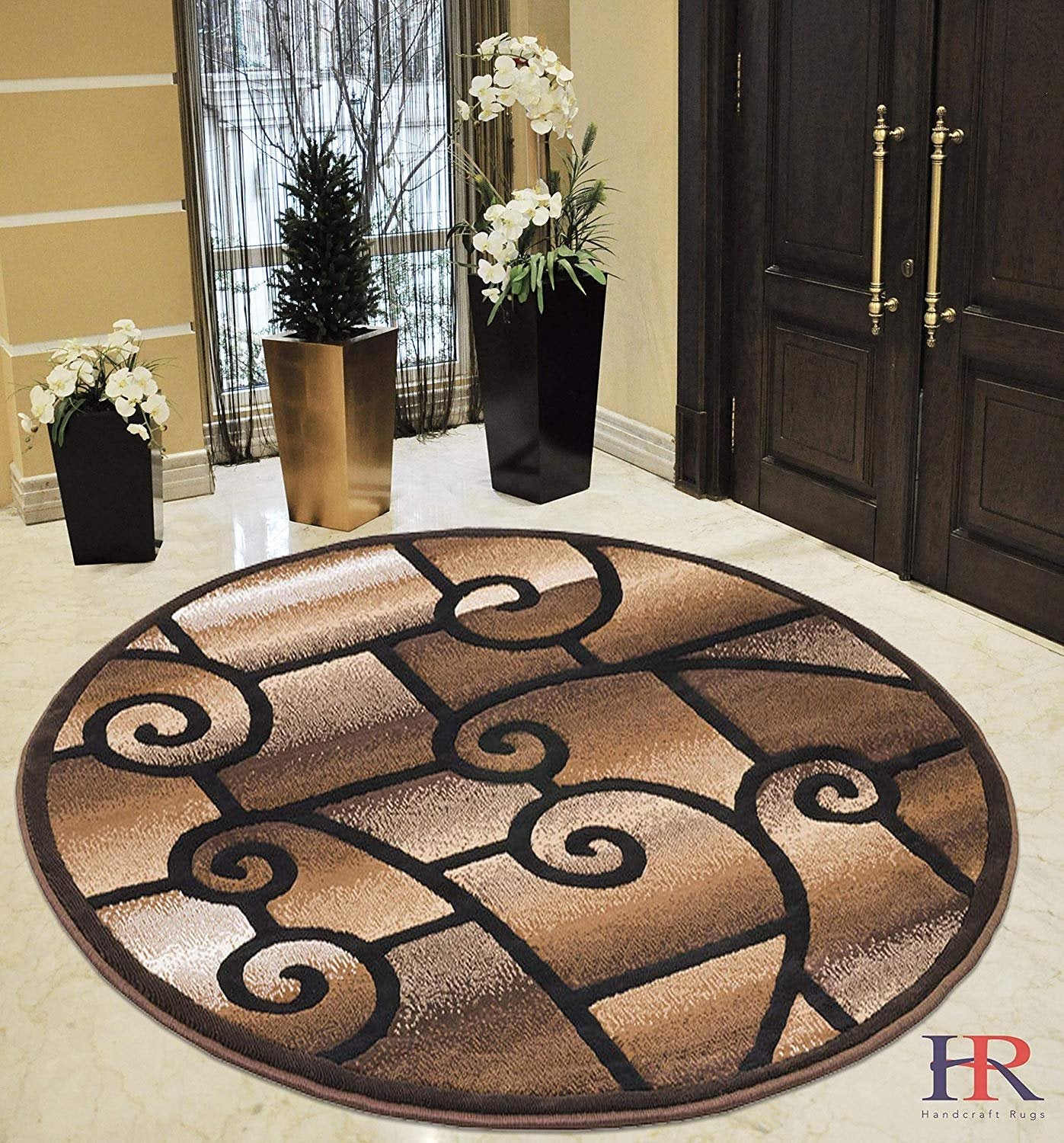 HR-Modern Living Room Rugs-Abstract Carpet with Geometric Swirls Pattern-Brown/Beige/Ivory/Chocolate (2'x7')