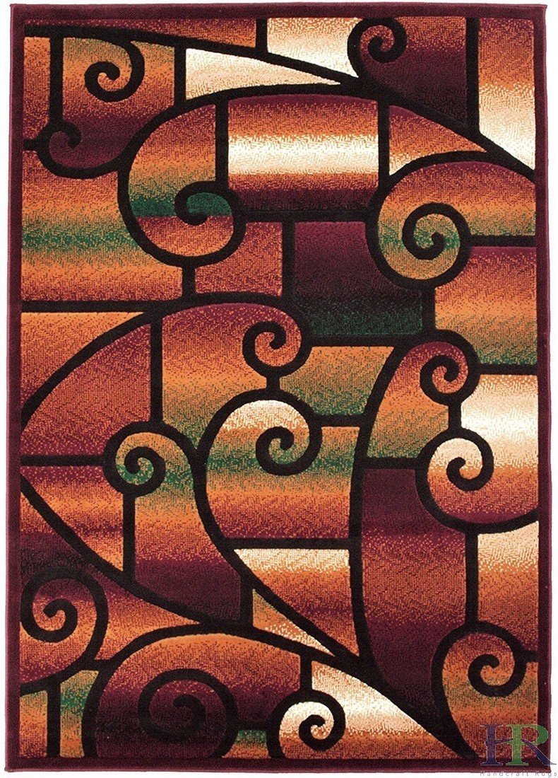 HR-Modern Living Room Rug-Abstract with Geometric Swirls Pattern-Burgundy/Beige/Ivory/Chocolate (1'96"x 3'3")