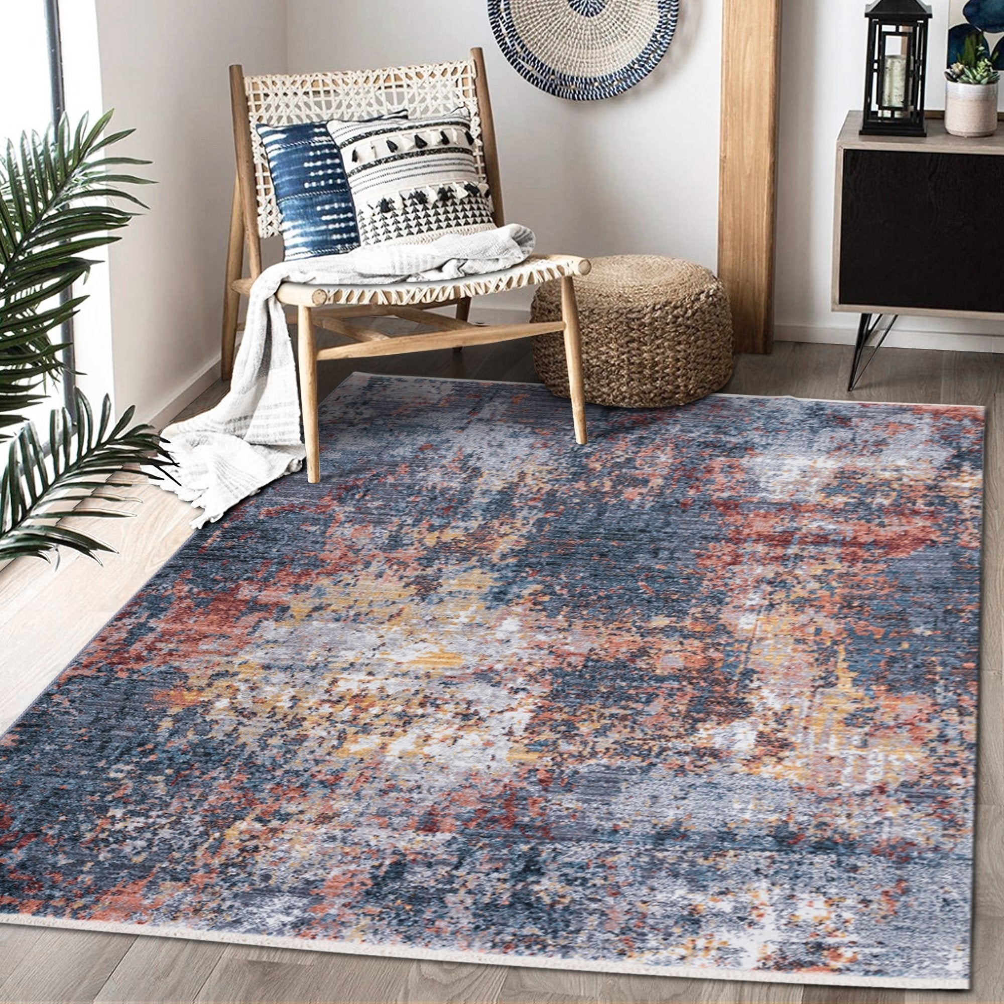 Abstract Distressed Area Rug Leno Weave Abrash Foldable #56