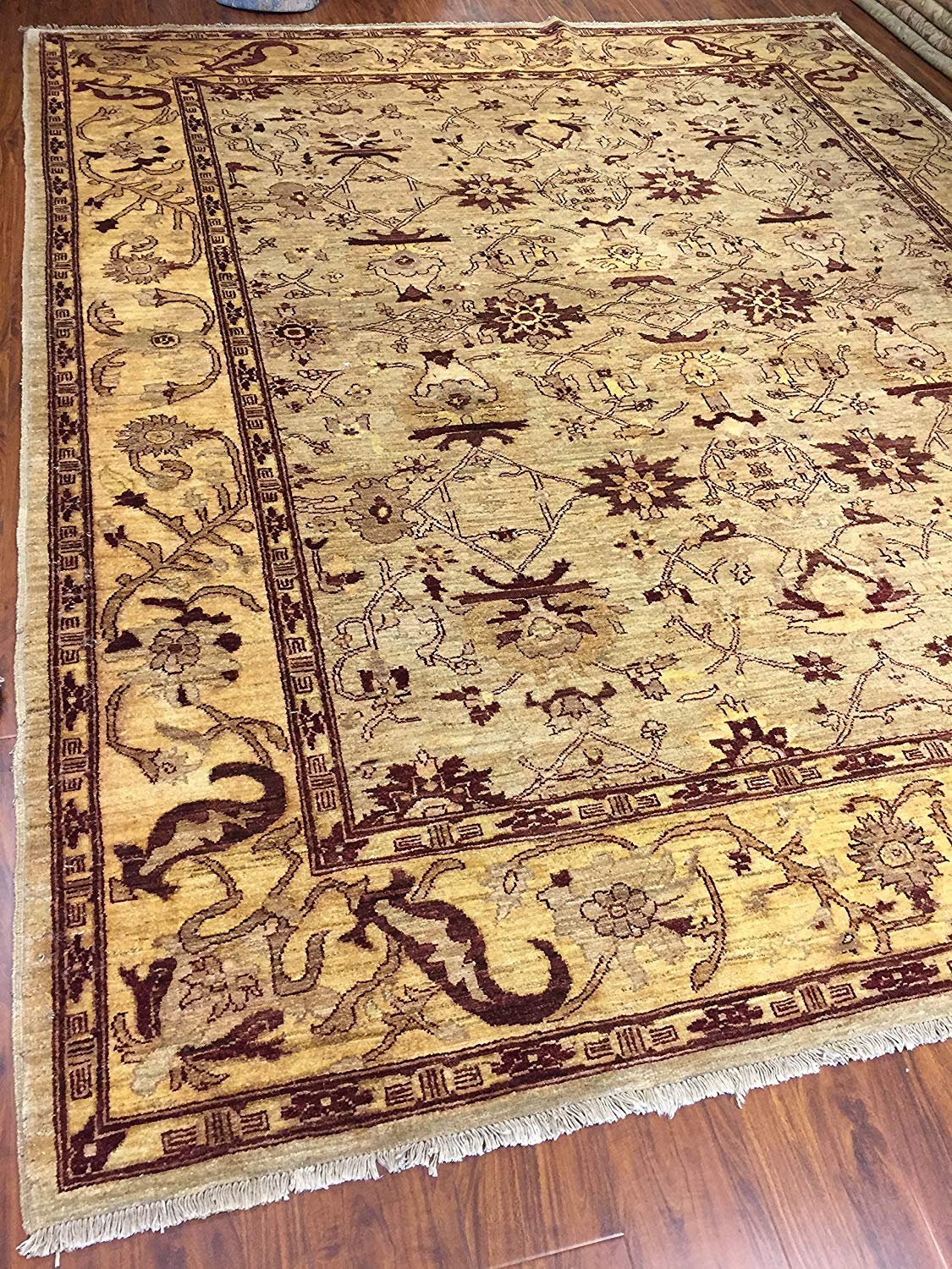 Authentic Handmade fine Pakistani Rug-Wool Allover/Floral Pattern-Light Olive/Beige-(8.3 by 9.10 Feet)