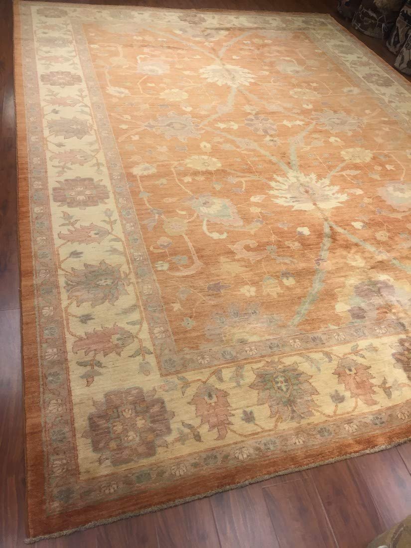 Authentic Handmade fine Pakistan Rug-Real Wool Ziegler Pattern Faded/Vintage-Rust/Gold/Multi-(9.10 by 13.7 Feet)