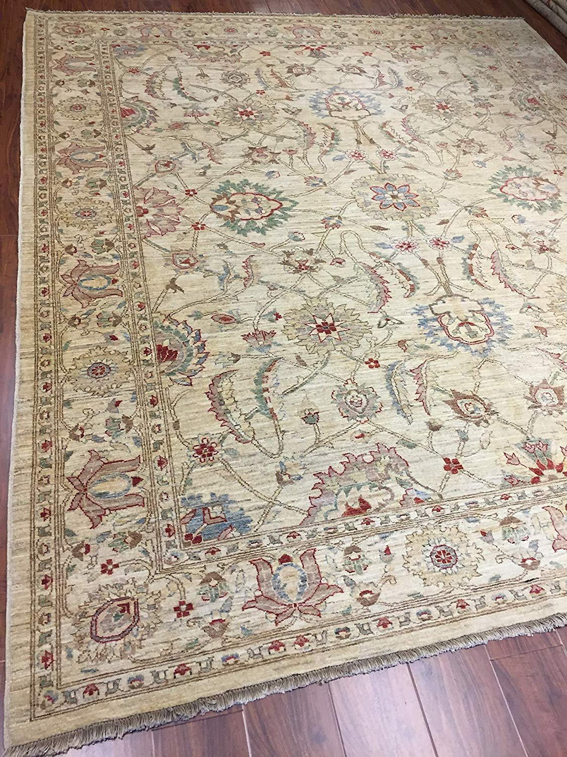 Authentic Handmade fine Pakistan Rug-Real Wool Ziegler Pattern Faded/Vintage-Beige/Multi-(8.1 by 9.4 Feet)