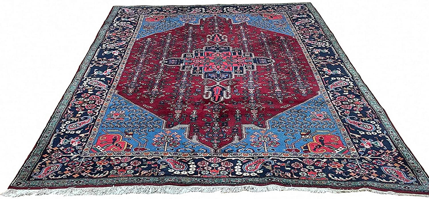 Authentic Handmade fine Turkish Rug-Real Wool Allover Floral Pattern Faded/Vintage-Red/Blue/Multocolor-(6.8" by 10.8")