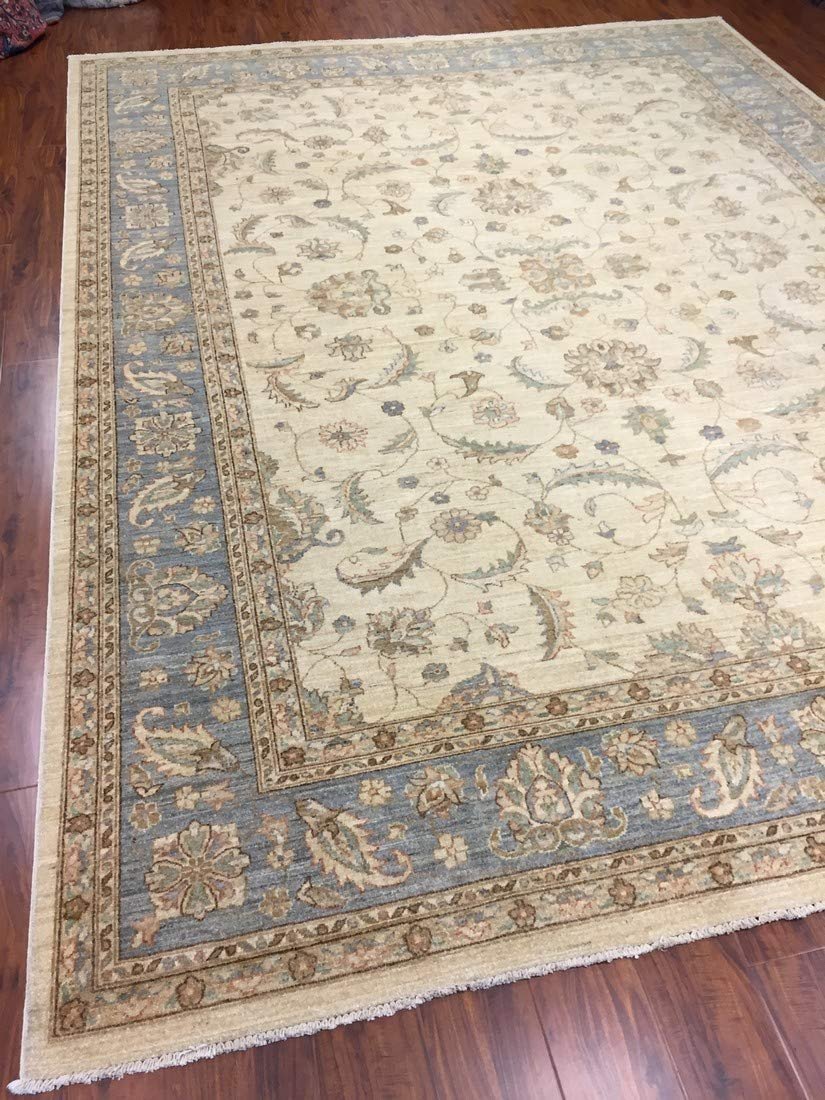 Authentic Handmade fine Pakistan Rug-Wool Ziegler Pattern Stone Washed-Sky Gray/Ivory-(9 by 12.2 Feet)