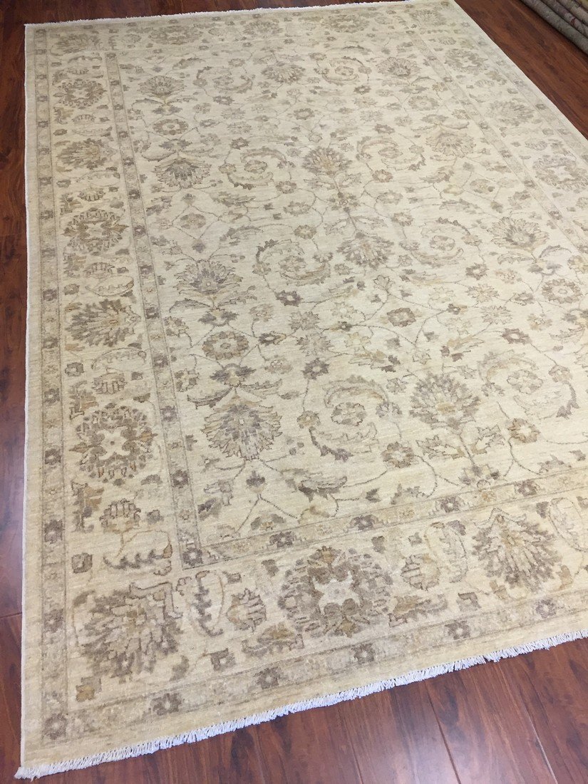 Authentic Handmade Pakistan Area Rug-Real Wool Allover Stone Washed-Ivory/Gray-(6.8 by 9.10 Feet)