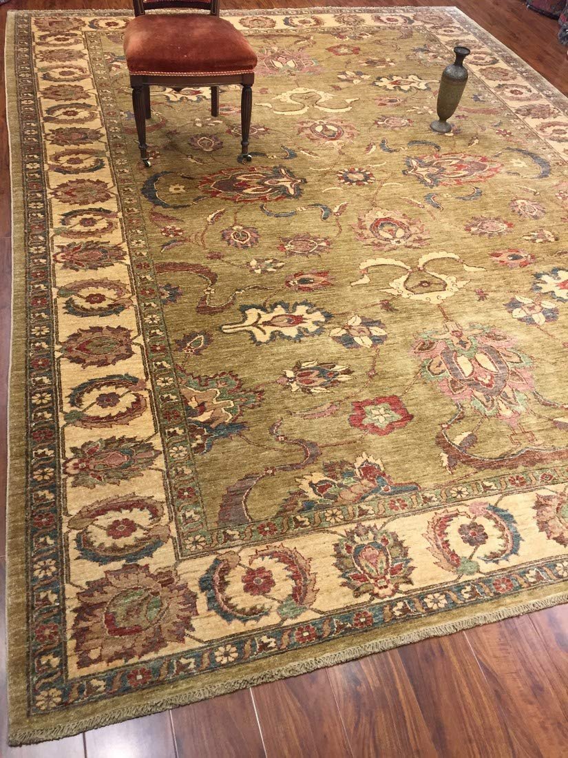 Authentic Wool Handmade Pakistan Area Rug Floral Ziegler Faded-Sage/Beige/Burgundy-(9 by 12 Feet)